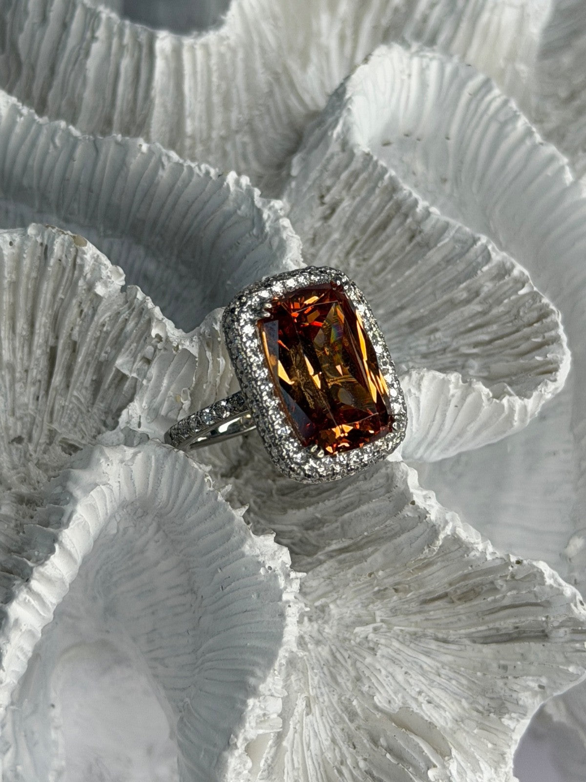 925 Sterling Silver Orange Crystal & Cz Ring Size 5