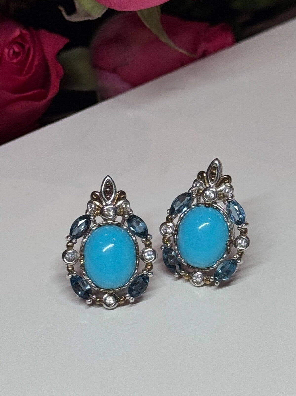 925 Sterling Silver Turquoise, Aquamarine & Beryl Earrings Length 1 Inch