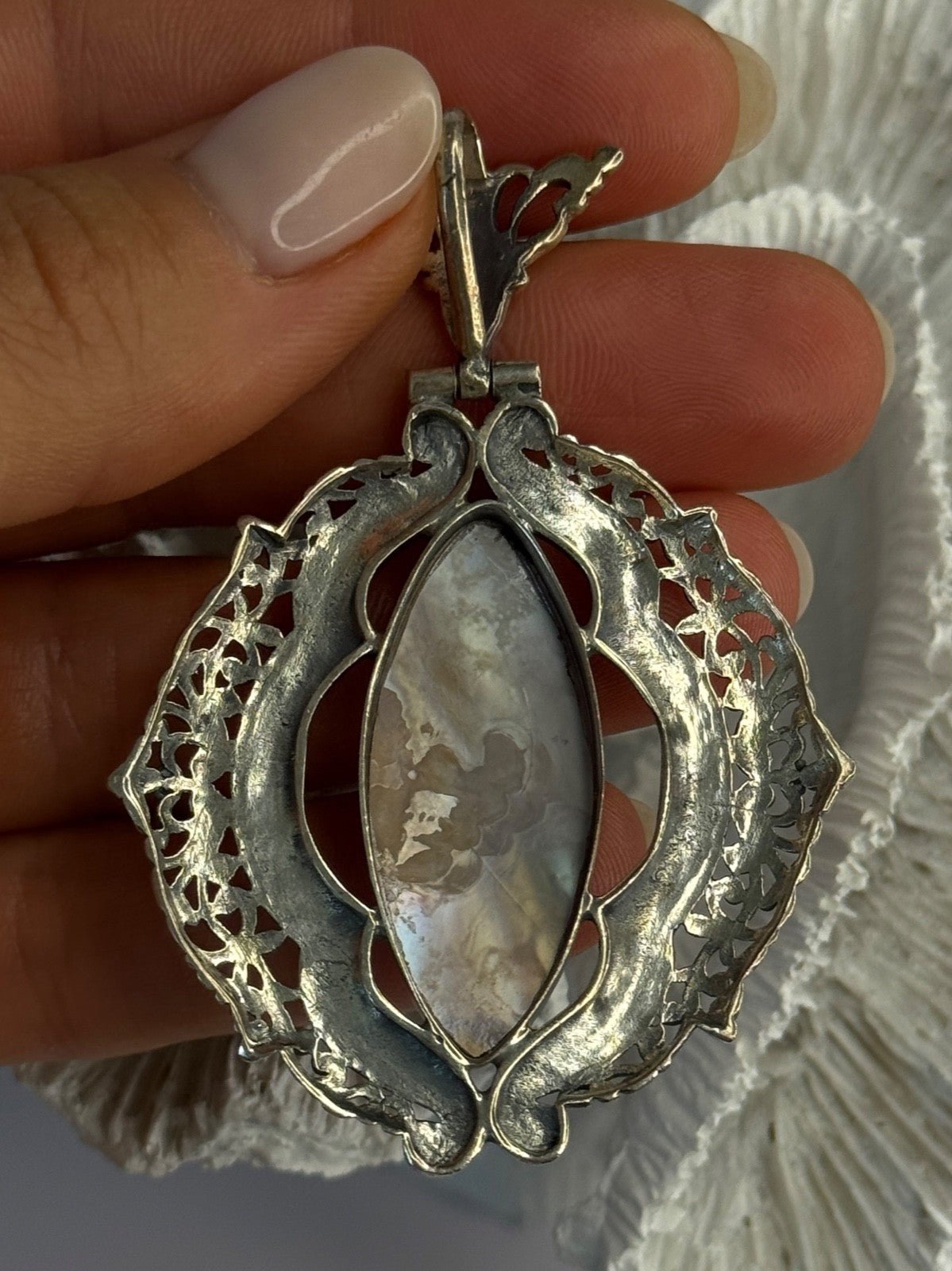Vintage 925 Sterling Silver Abalone Pendant Length 2.60 Inch