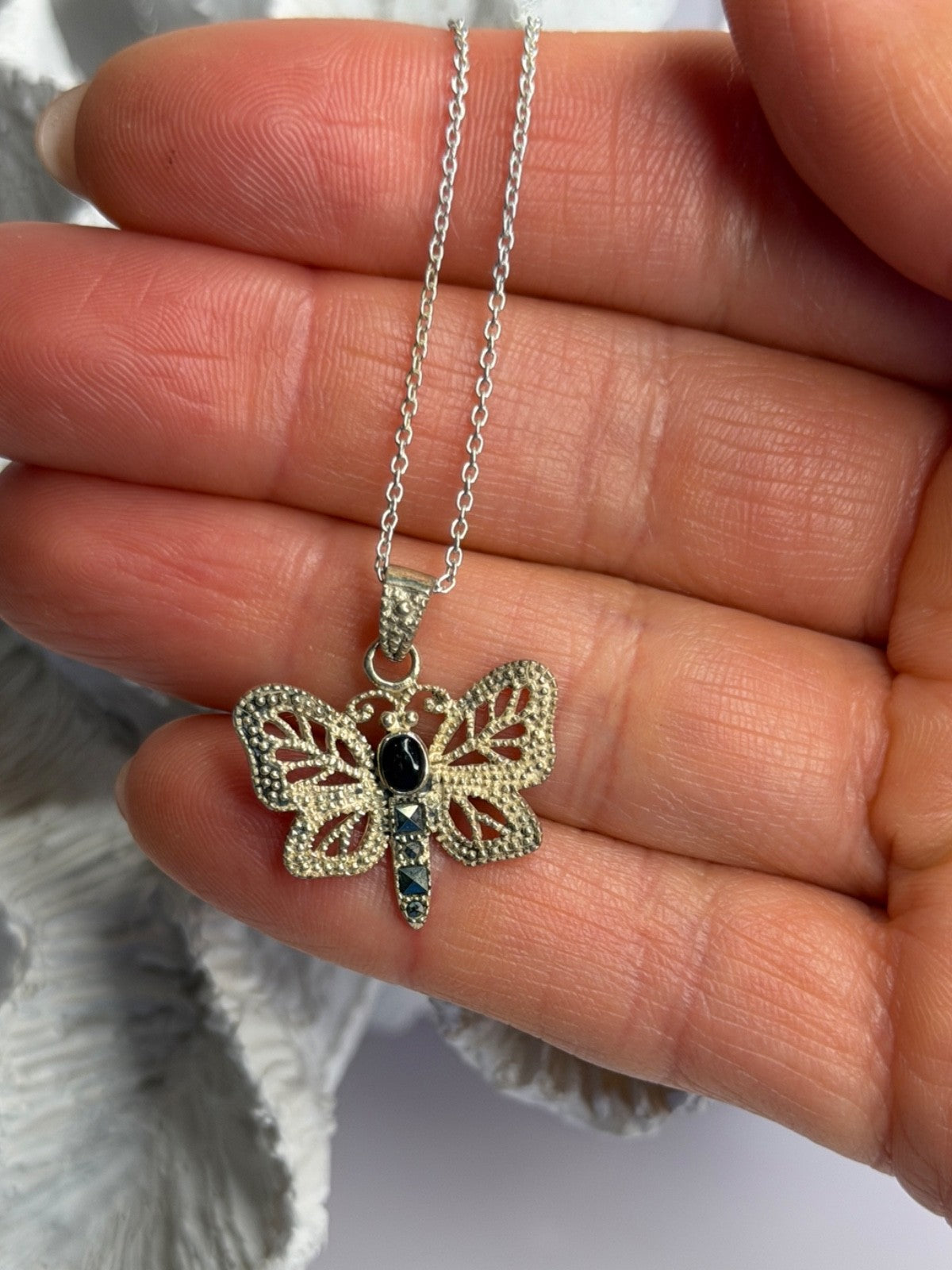 925 Sterling Silver Onyx & Marcasite Butterfly Necklace