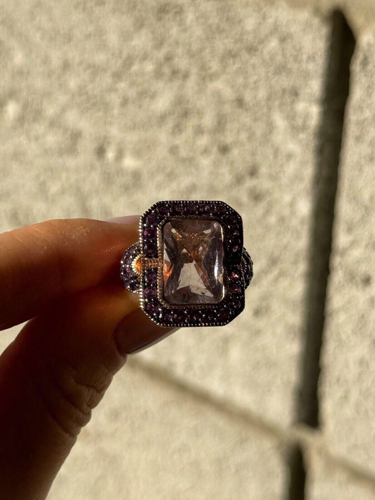 925 Sterling Silver Gold Plated Morganite & Amethyst Ring Size 6