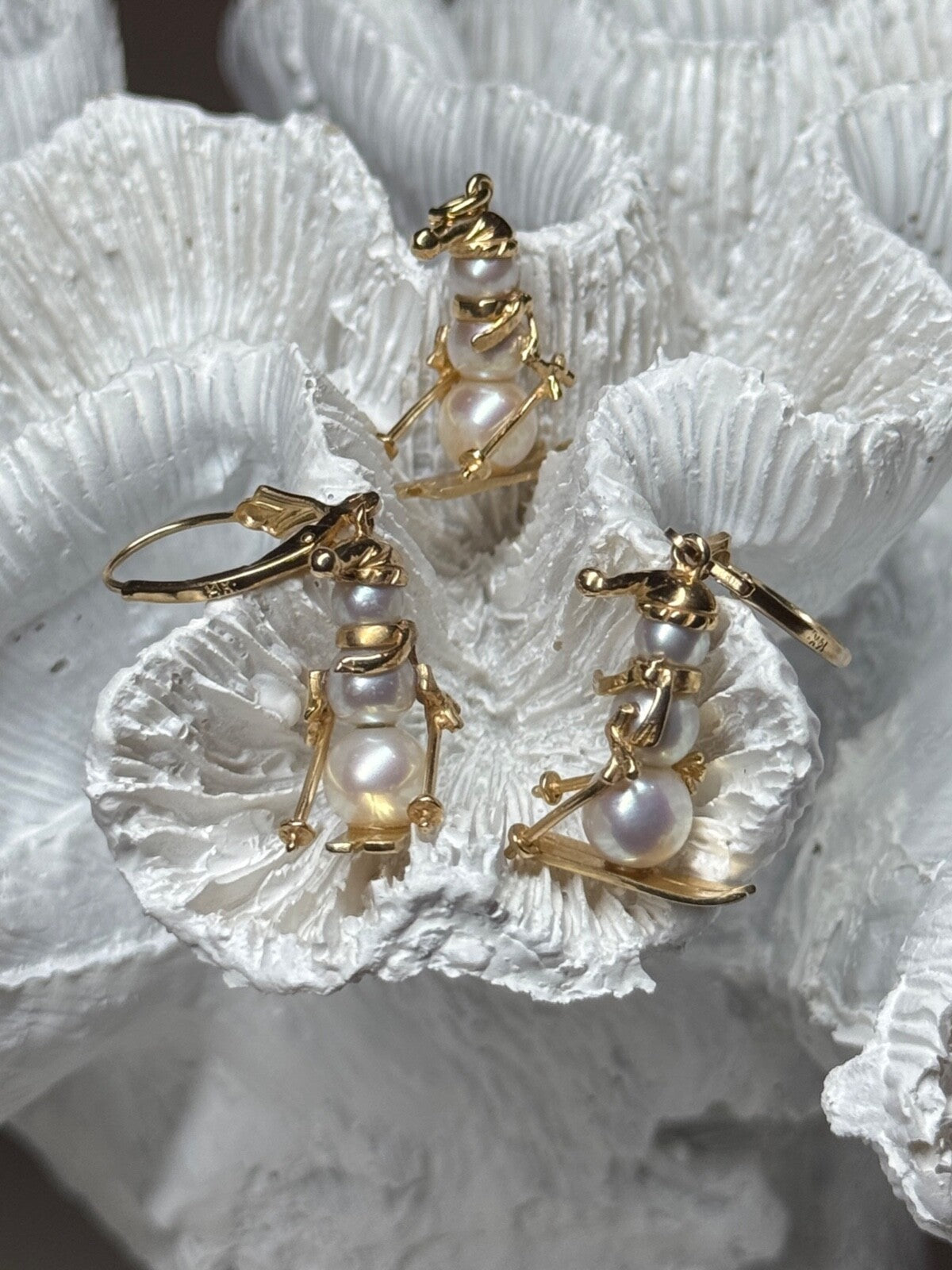 14K Yellow Gold Pearls Earrings & Pendant Skiing Snowmens ON Skis