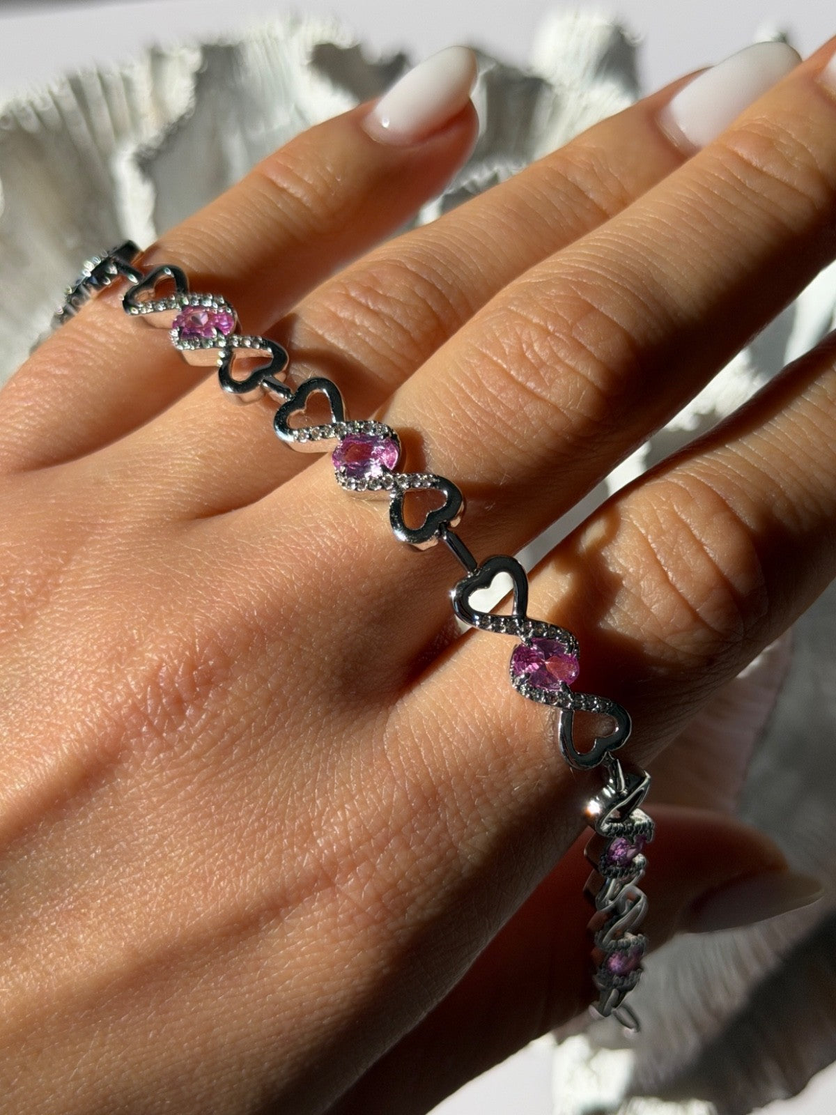 925 Sterling Silver Pink & White Spinel Heart Bracelet