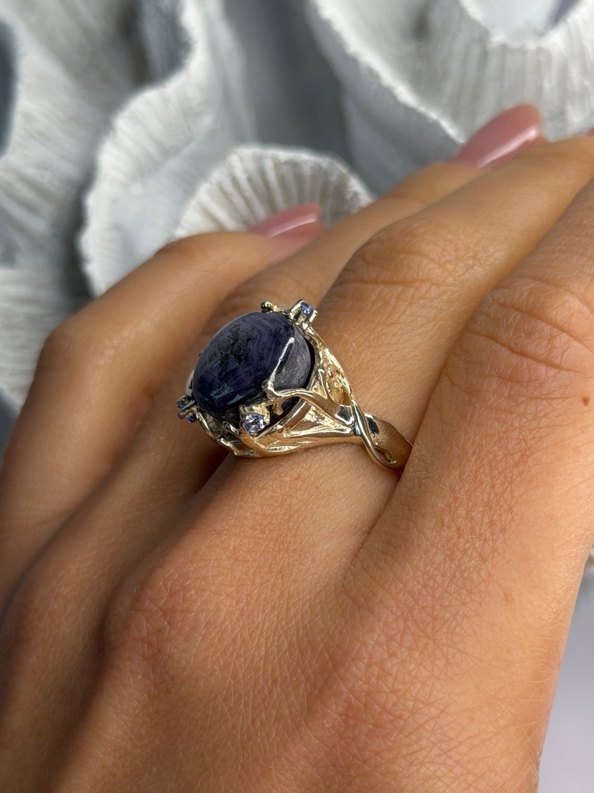 925 Sterling Silver Blue Tumbled Sapphire & Iolite Ring Size 9