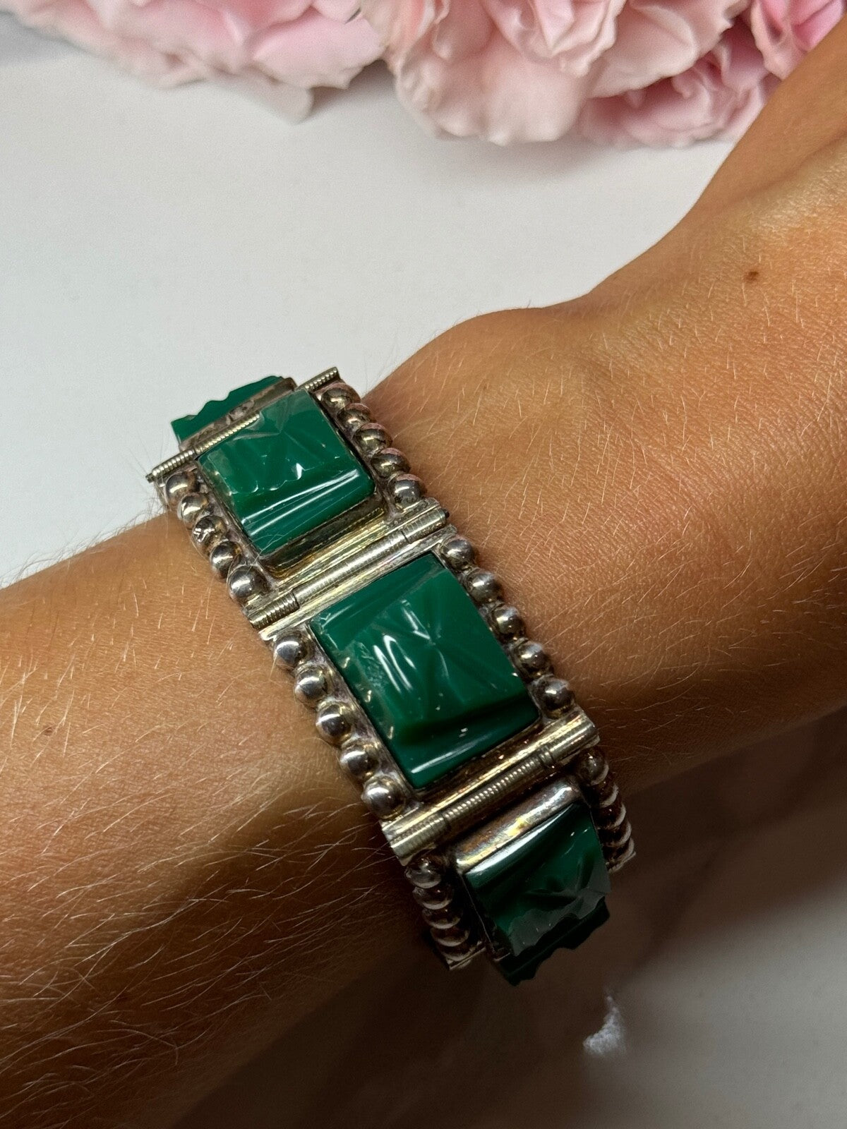 Vintage 925 Sterling Silver Green Jade Bracelet Length 7 in