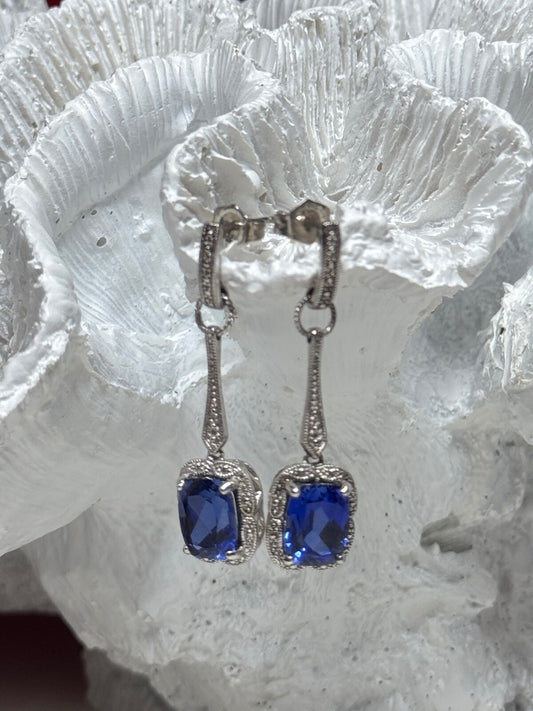925 Sterling Silver Sapphire Earrings Length 1.5 Inch