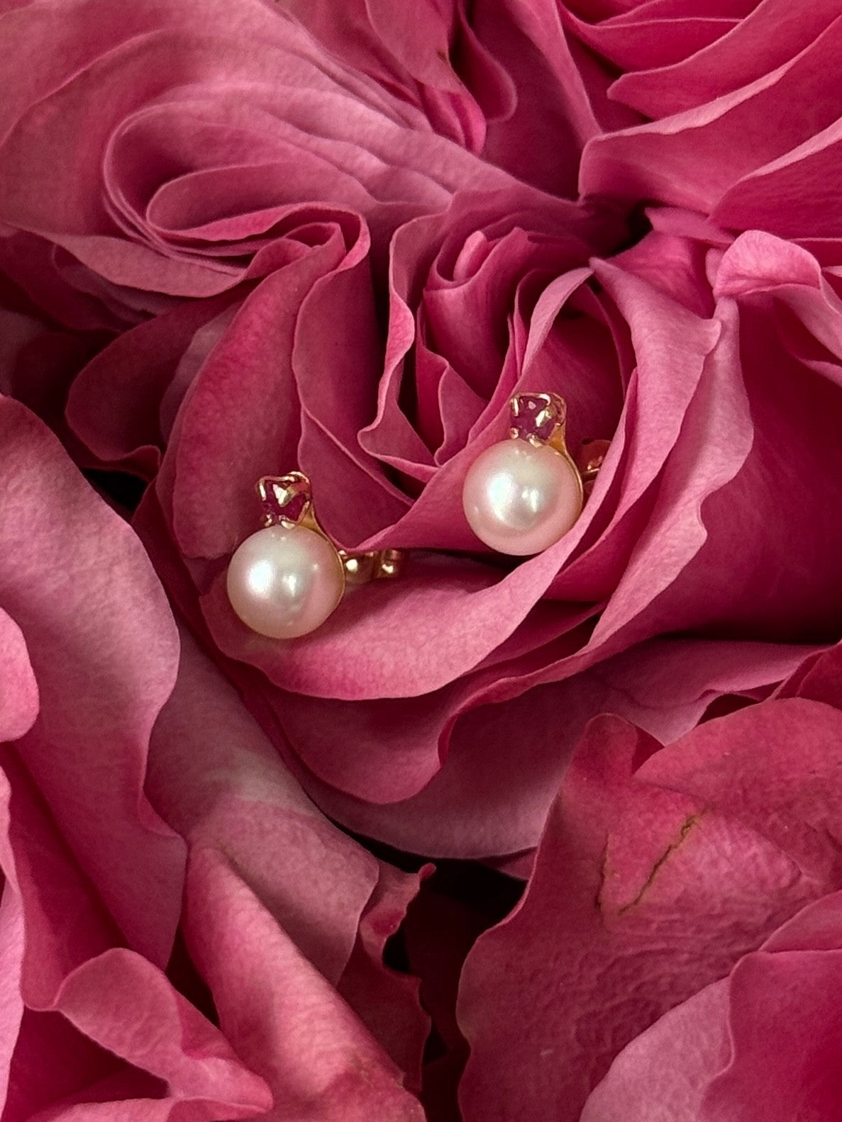 14K Yellow Gold Pearl & Ruby Stud Earrings