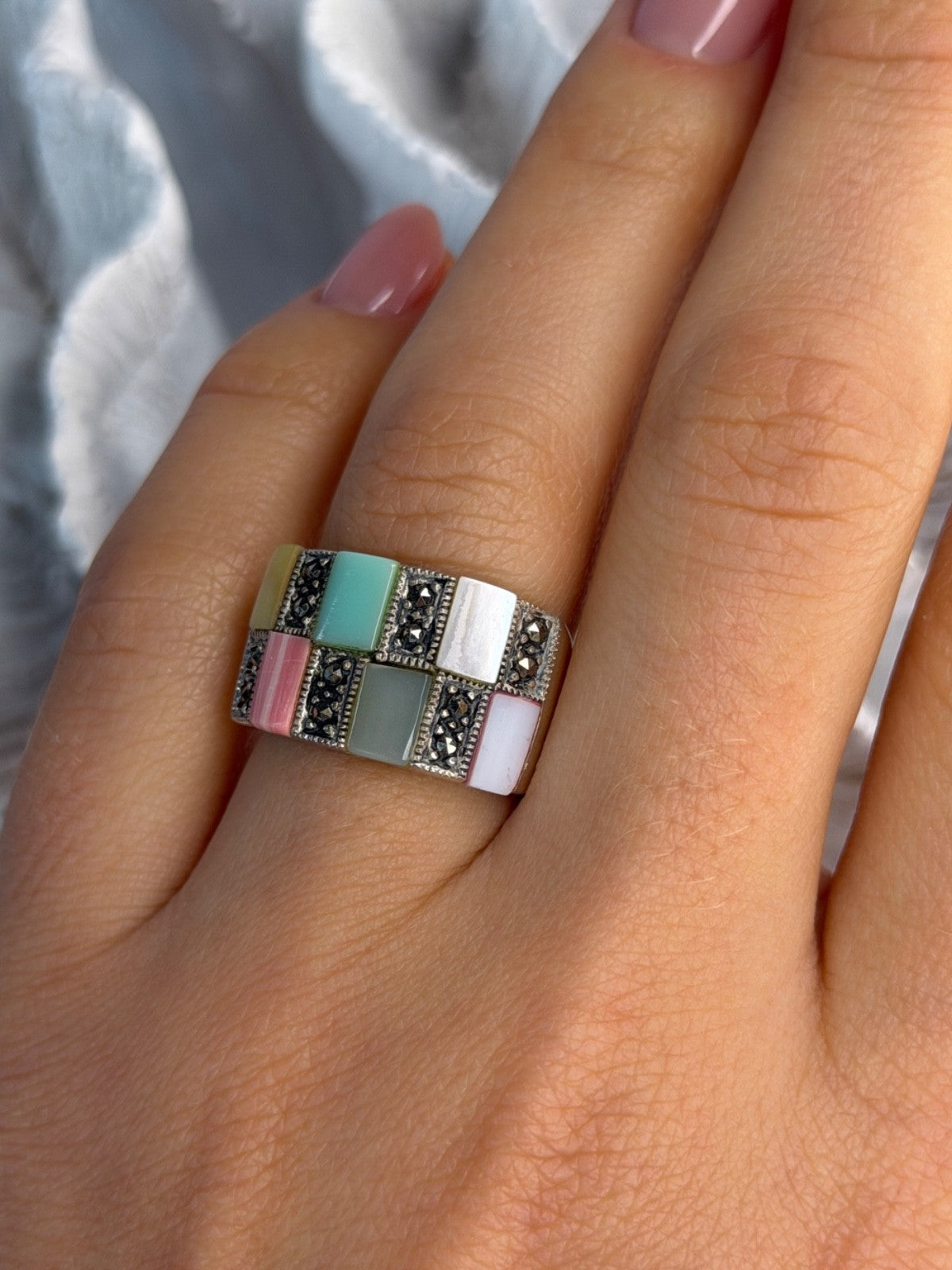 925 Sterling Silver Abalone & Agate & Marcasite Ring Size 6.5