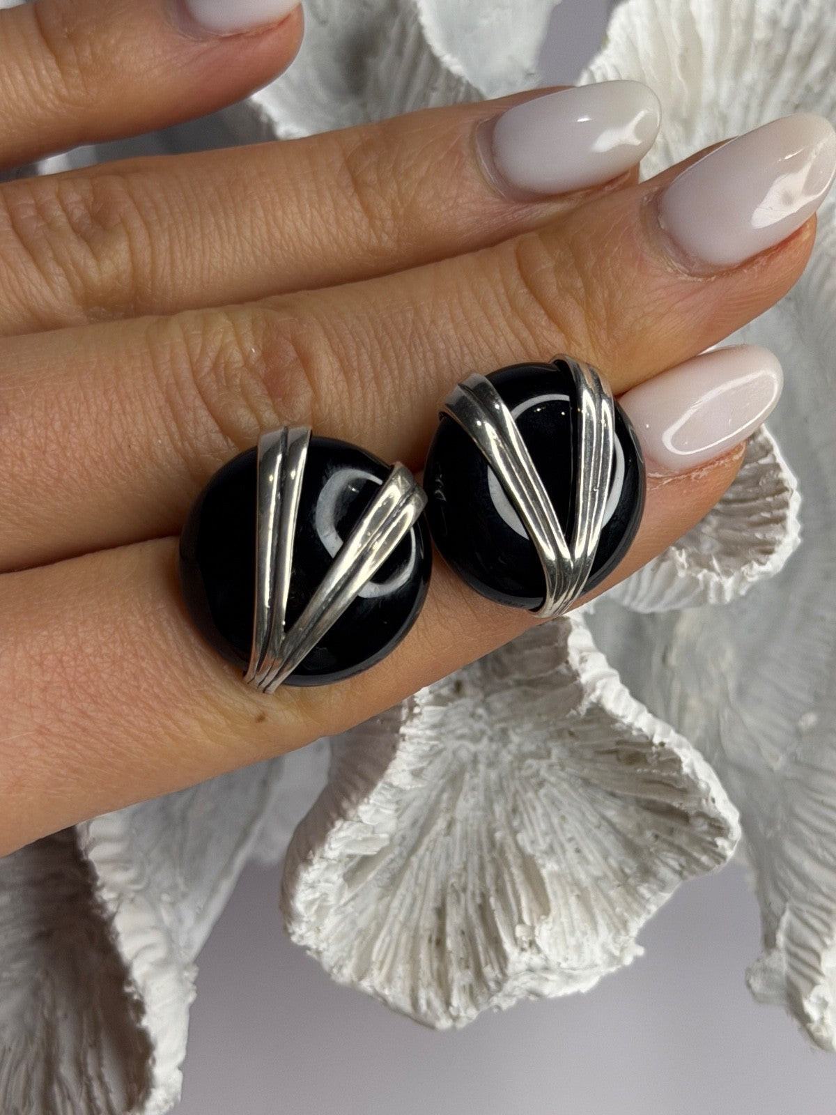 Vintage 925 Sterling Silver Black Onyx Earrings