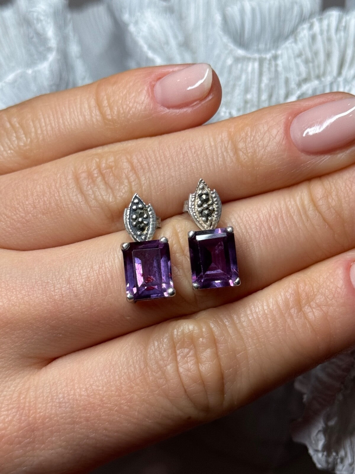 925 Sterling Silver Tourmaline & Marcasite Earrings Length 0.7 Inch