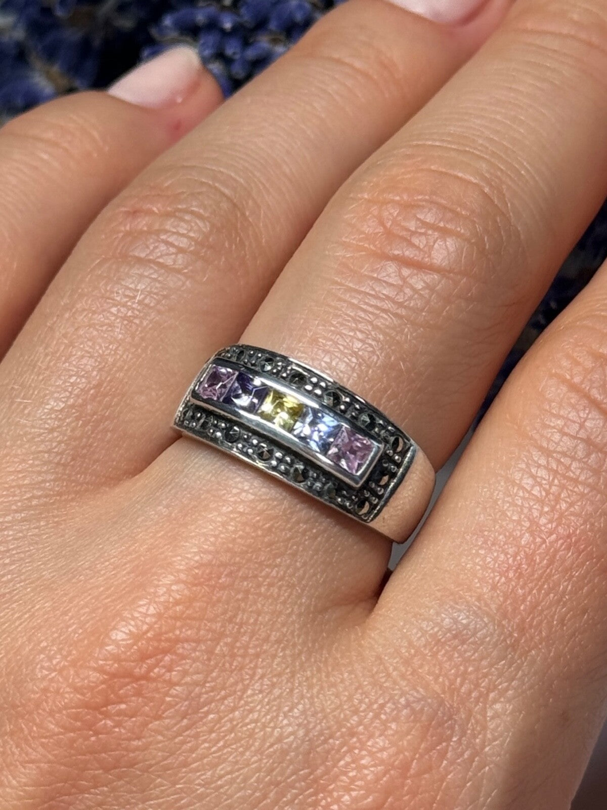 Vintage 925 Sterling Silver Tourmalines & Marcasite Ring Size 8