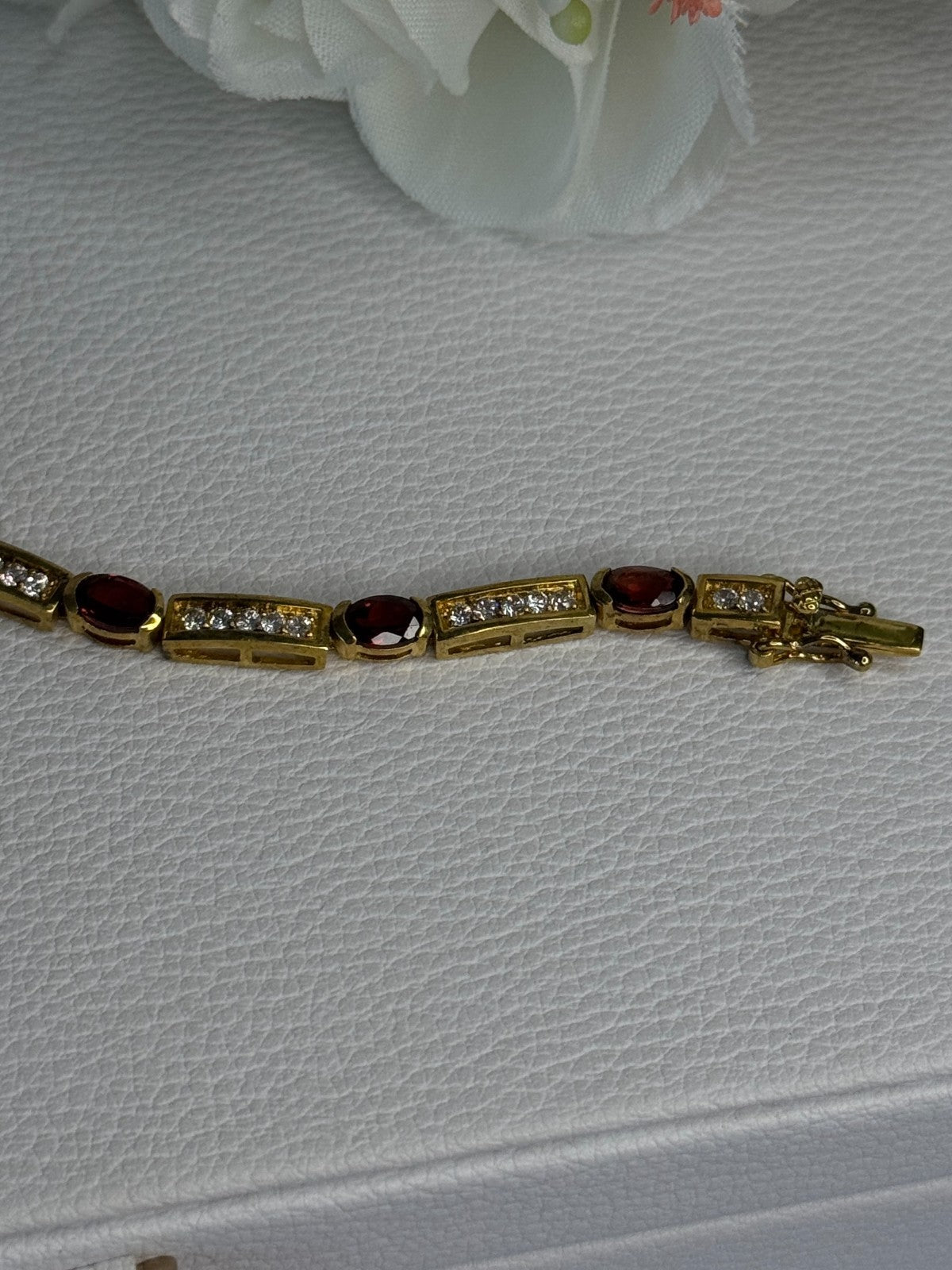 925 Sterling Silver Gold Plated Jjt Garnet & CZ Bracelet Length 7.5