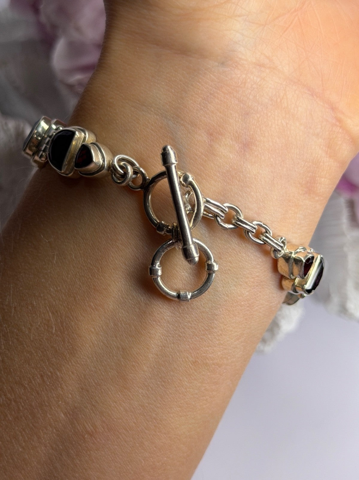 925 Sterling Silver Garnet Bracelet Length 7-7.5
