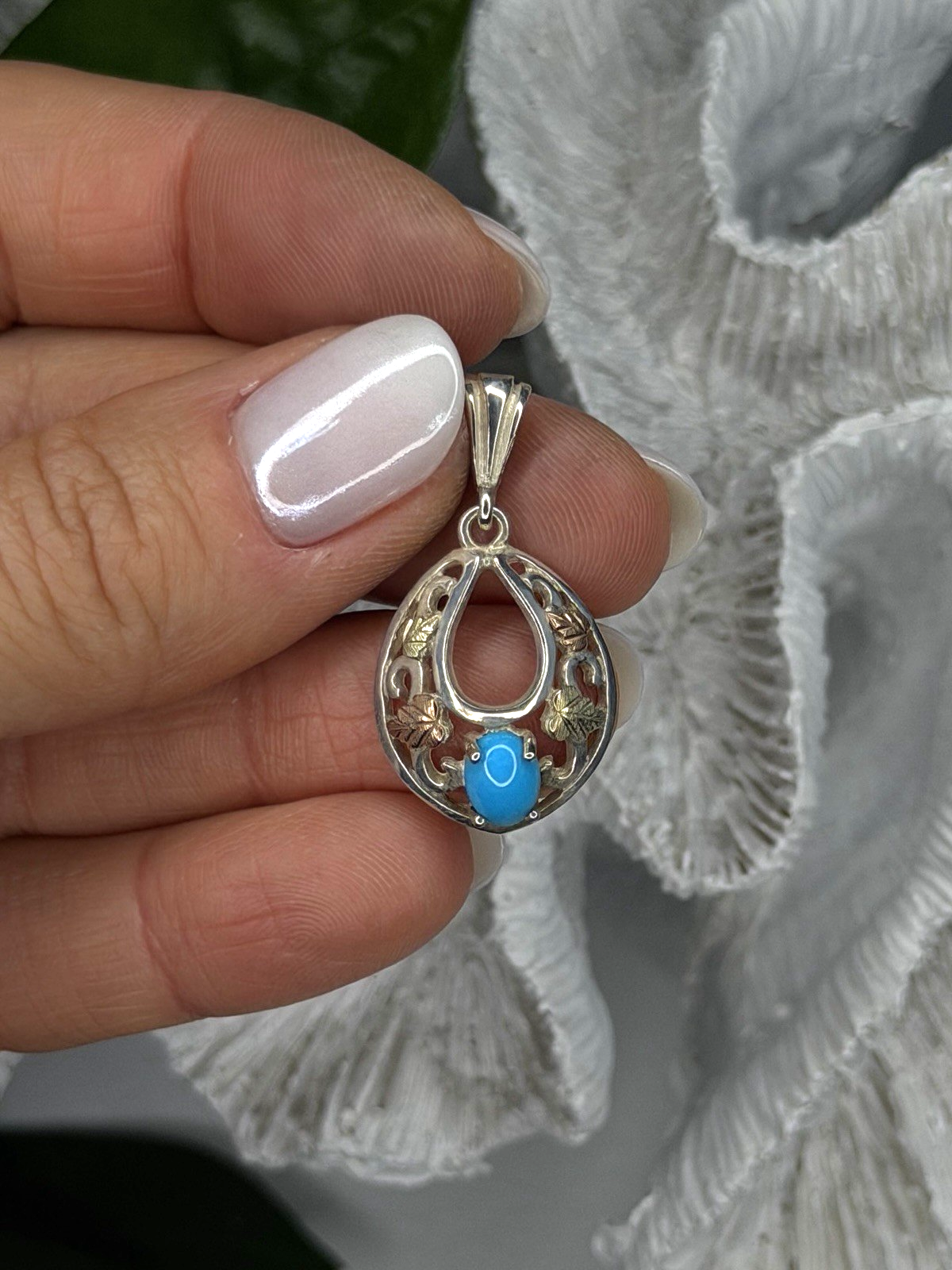 925 Sterling Silver Yellow and Rose Gold Plated Leaf Turquoise Pendant