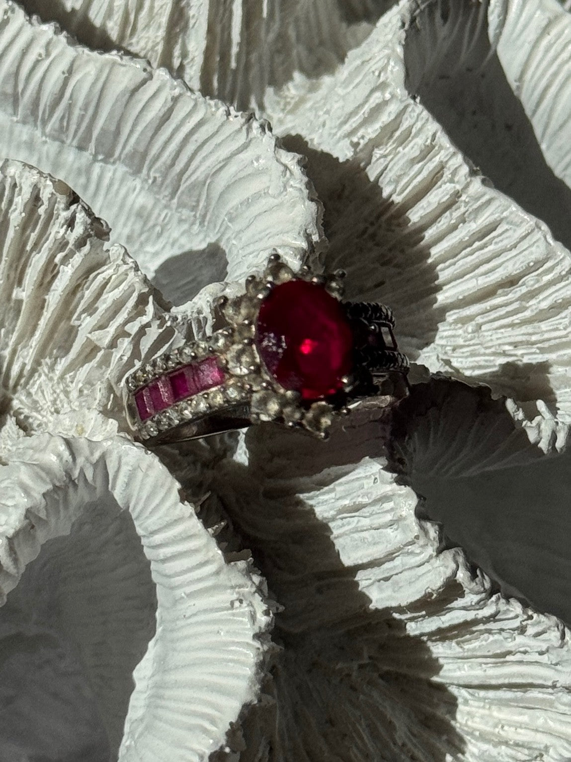 925 Sterling Silver Ruby & Beryl Flower Ring Size 7
