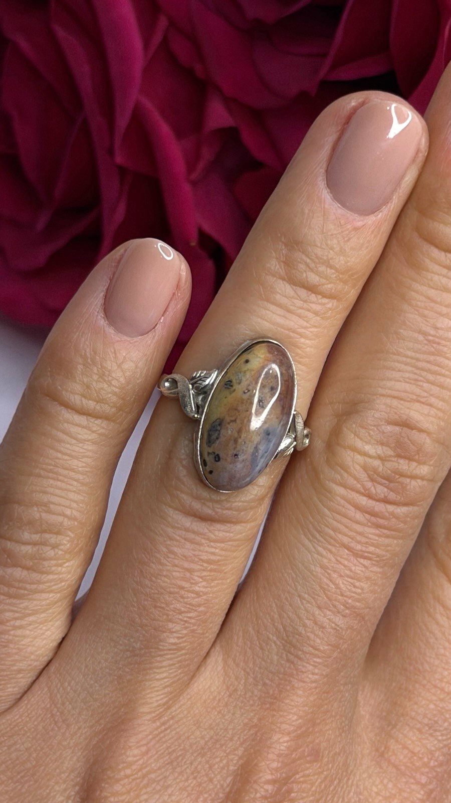 Vintage 925 Sterling Silver Moss Agate Ring Size 4.5