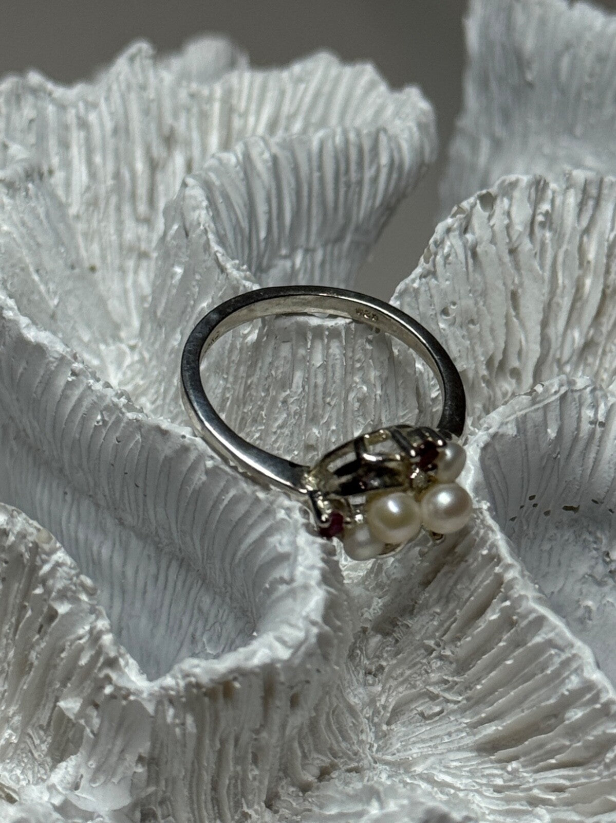 925 Sterling Silver Pearls & Ruby Ring Size 8