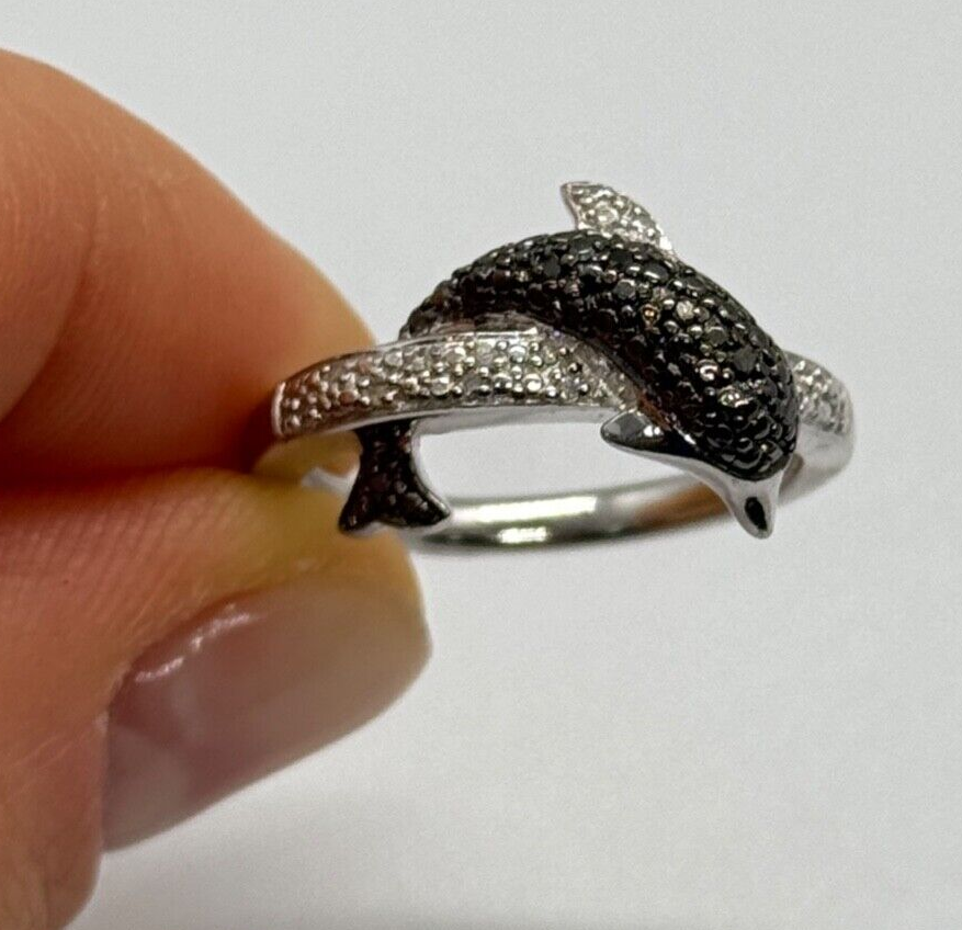 925 Sterling Silver Marcasite & CZ Dolphin Ring Size 6