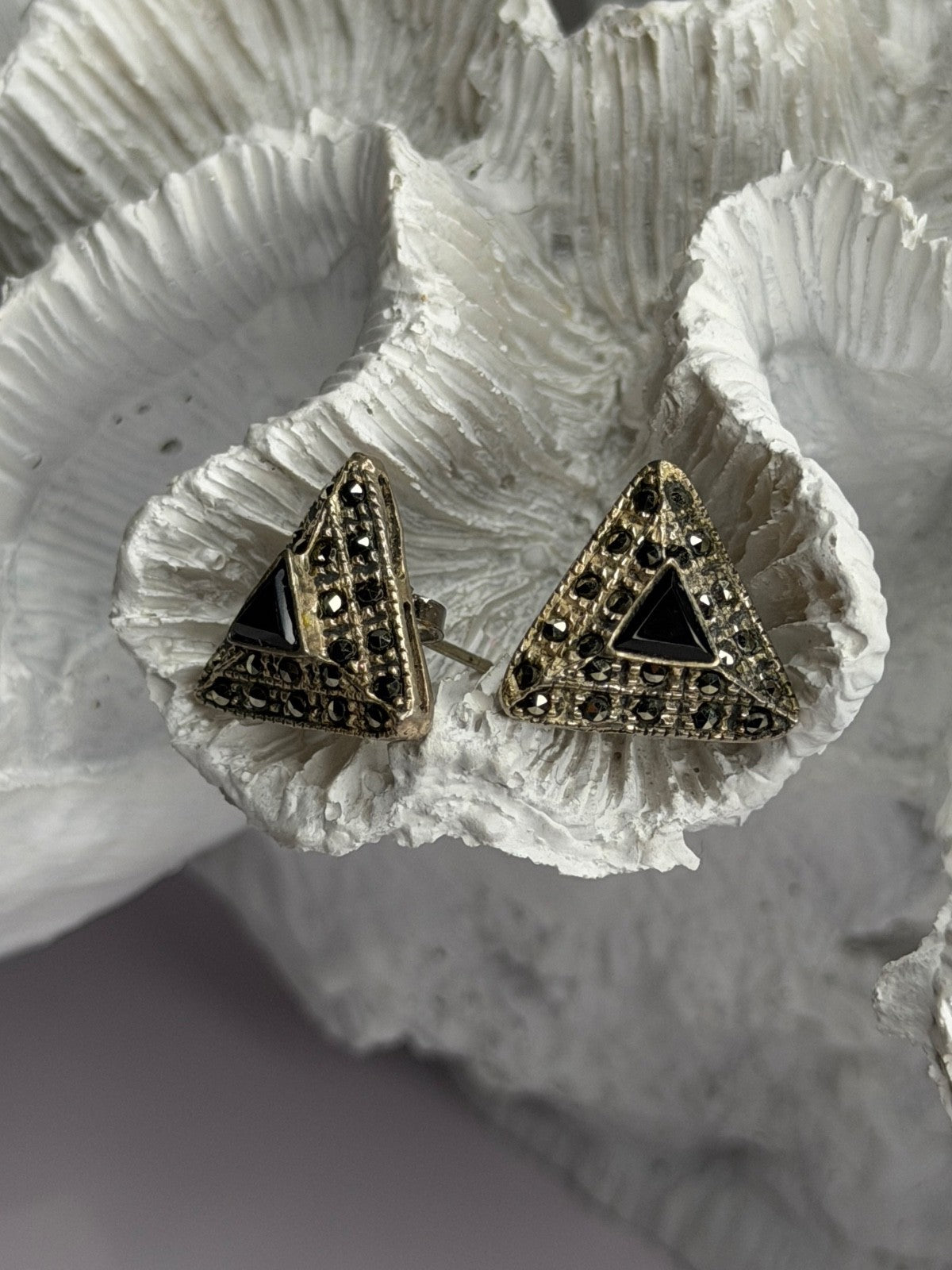 Vintage 925 Sterling Silver Onyx & Marcasite Earrings