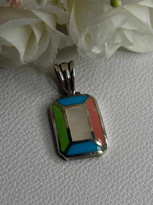 Vintage 925 Sterling Silver Abalone & Agate Pendant Length 1.40 Inch