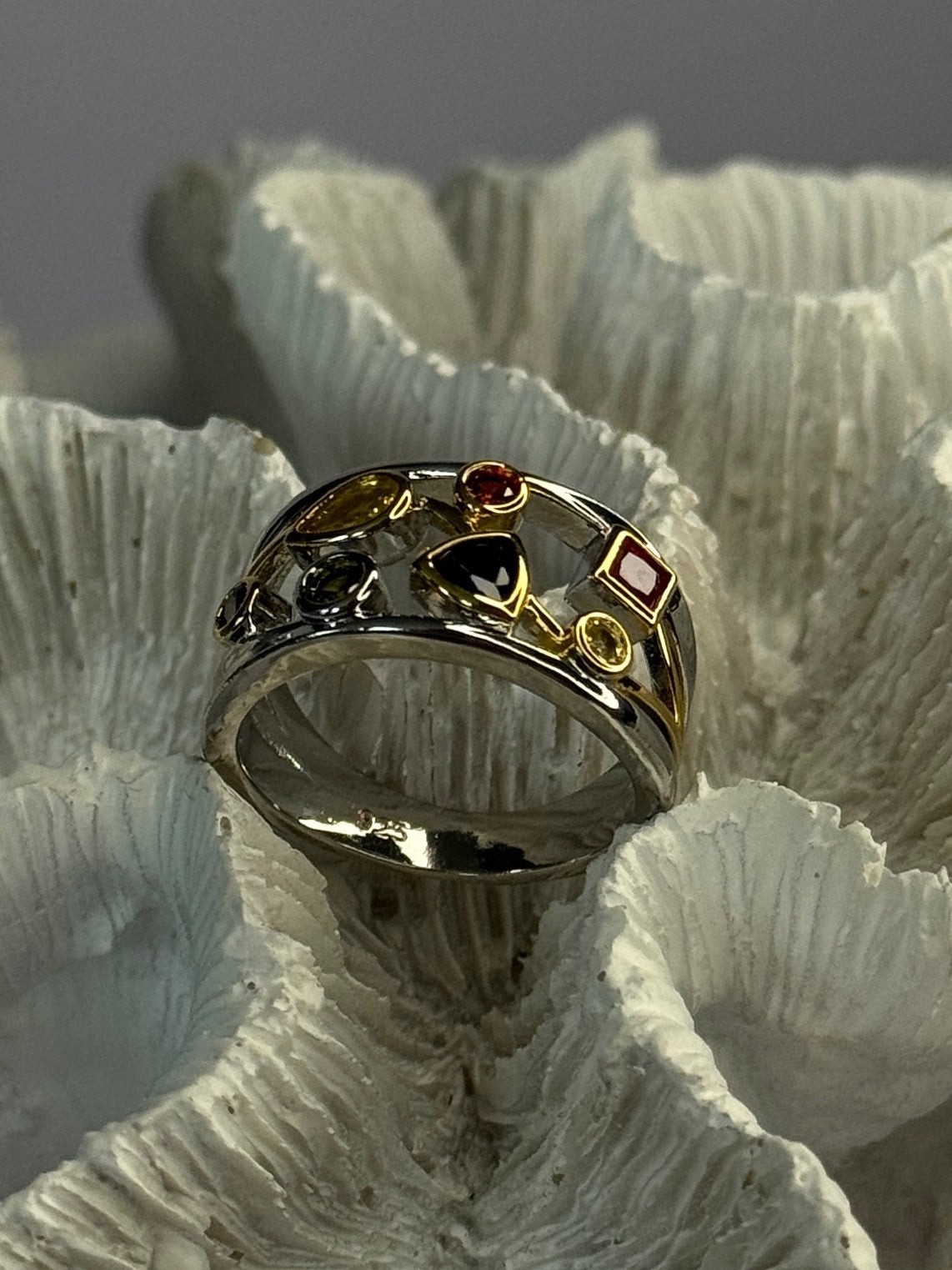 925 Sterling Silver Gold Plated Part Multi Color Gemstones Ring Size 8