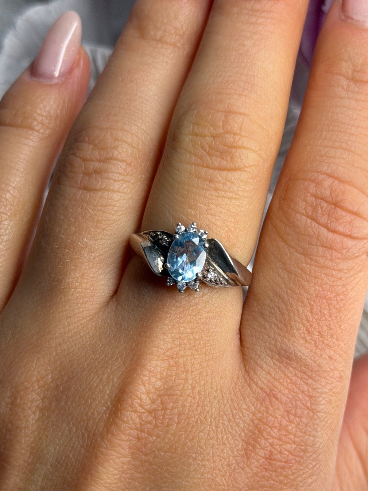 925 Sterling Silver Blue Topaz & Beryl Ring Size 8