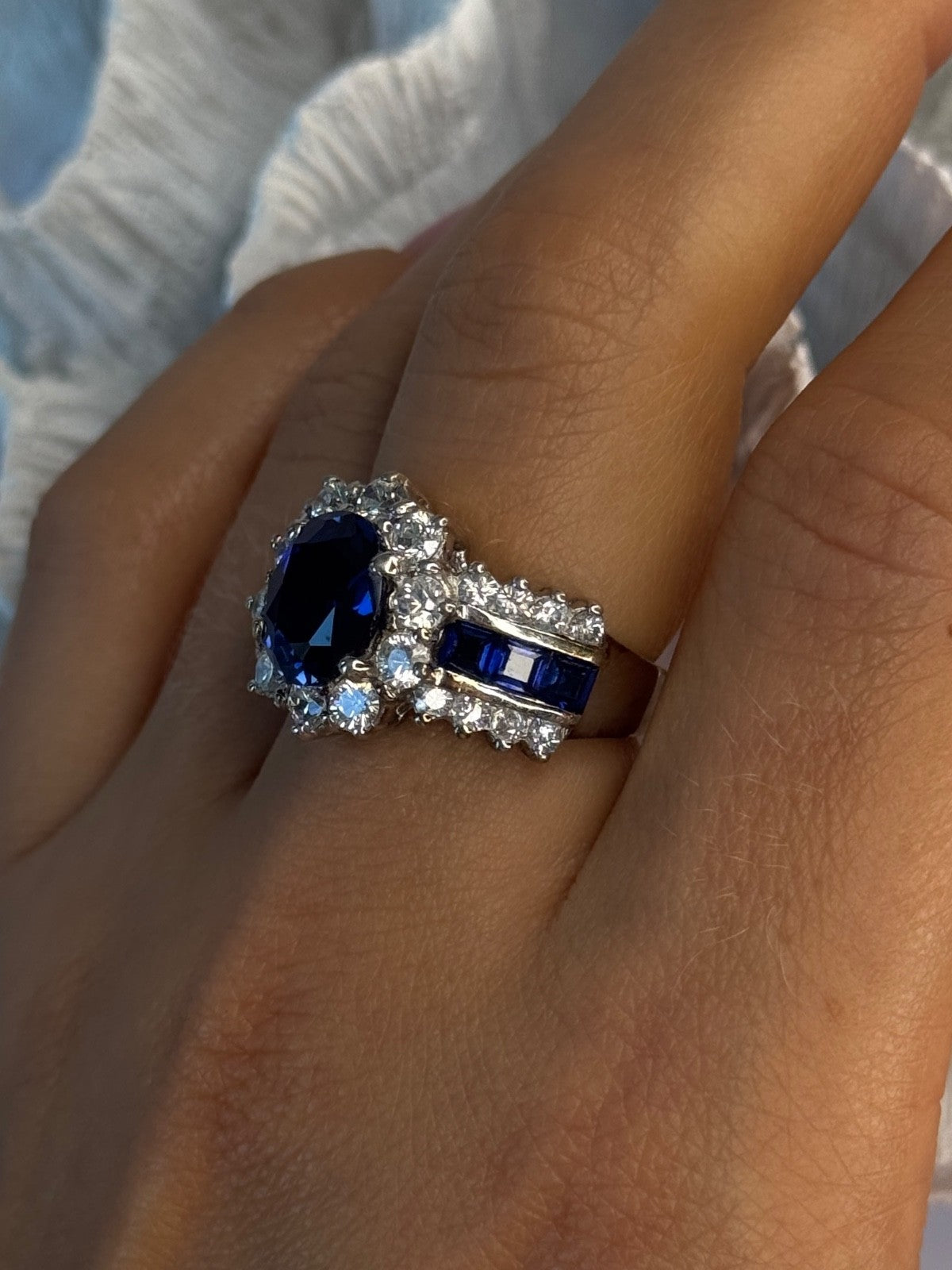 925 Sterling Silver Sapphire & Beryl Flower Ring Size 7.5