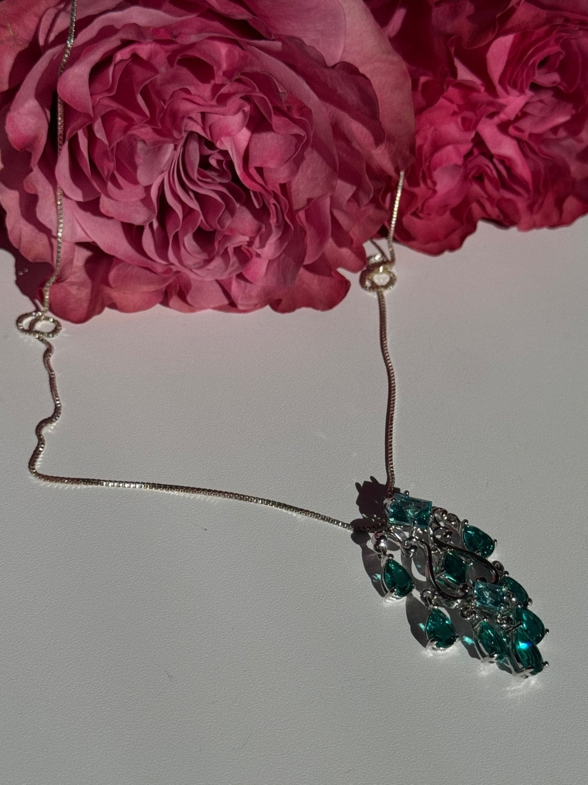 925 Sterling Silver Aquamarine & Emerald Necklace Length 17 Inch