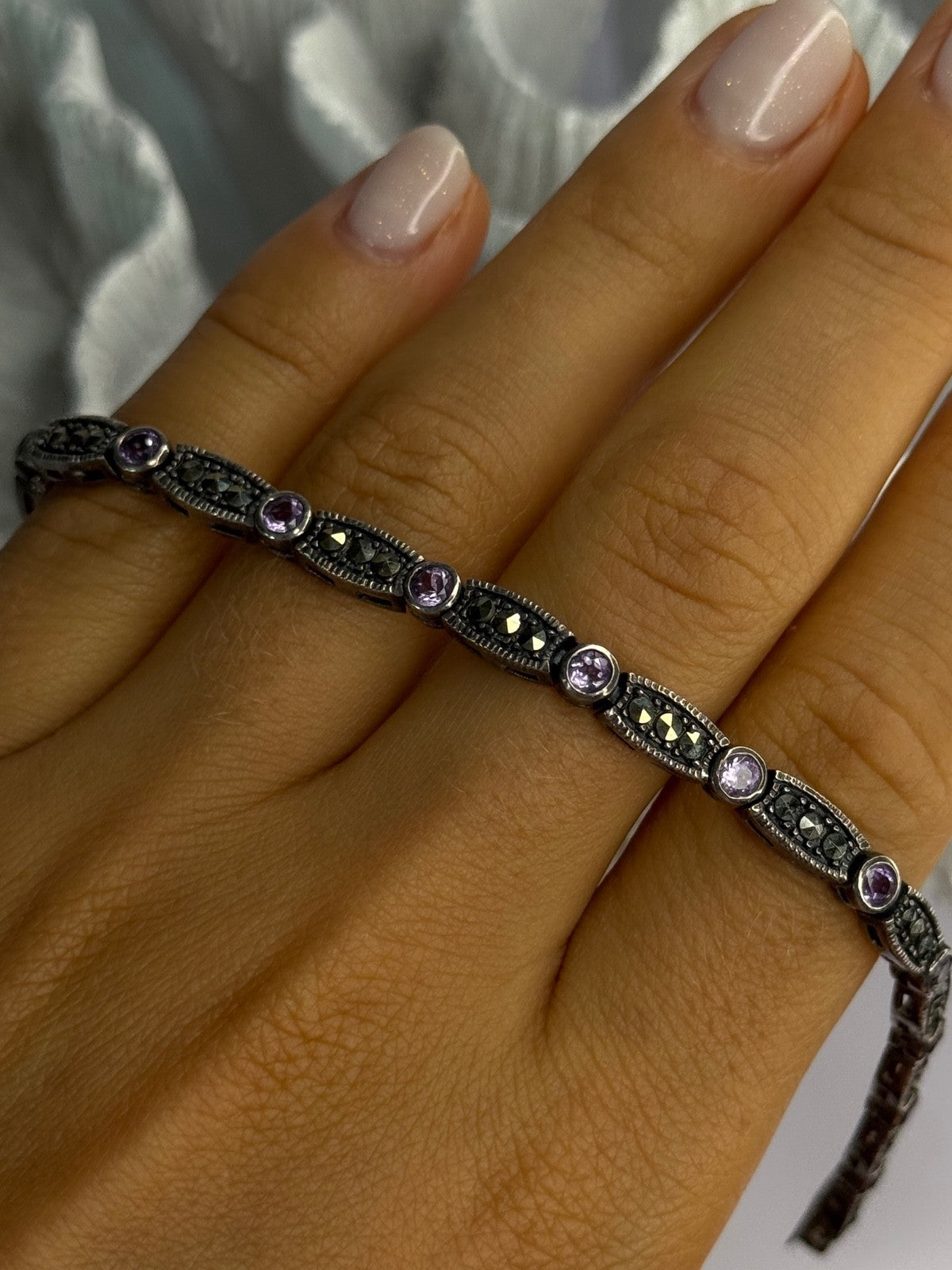 925 Sterling Silver Amethyst & Marcasite Bracelet Length 7.5