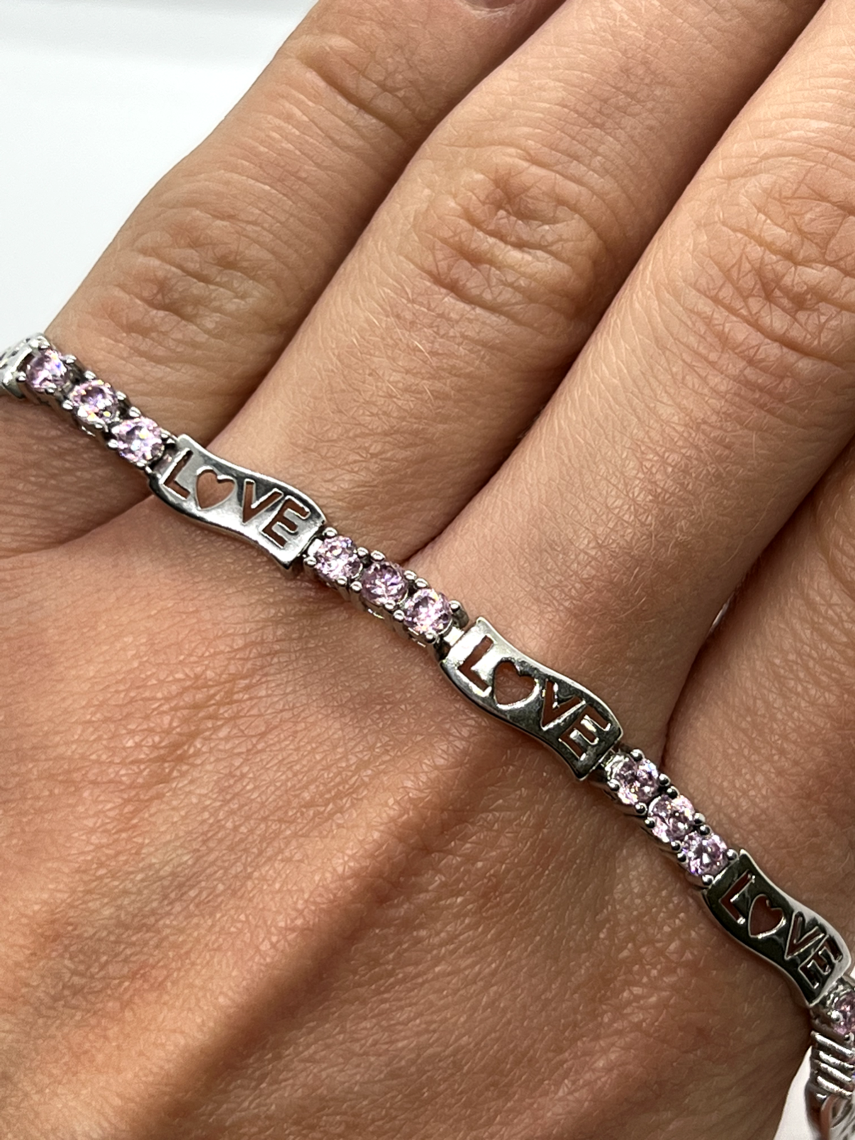 925 Sterling Silver Pink CZ "Love" Bracelet
