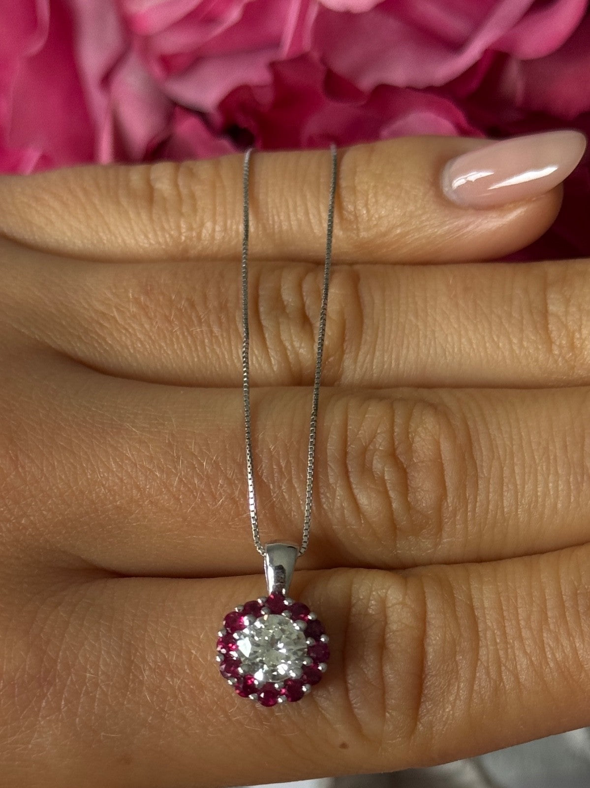 14K White Gold Diamond & Ruby Flower Necklace Length 18 inch