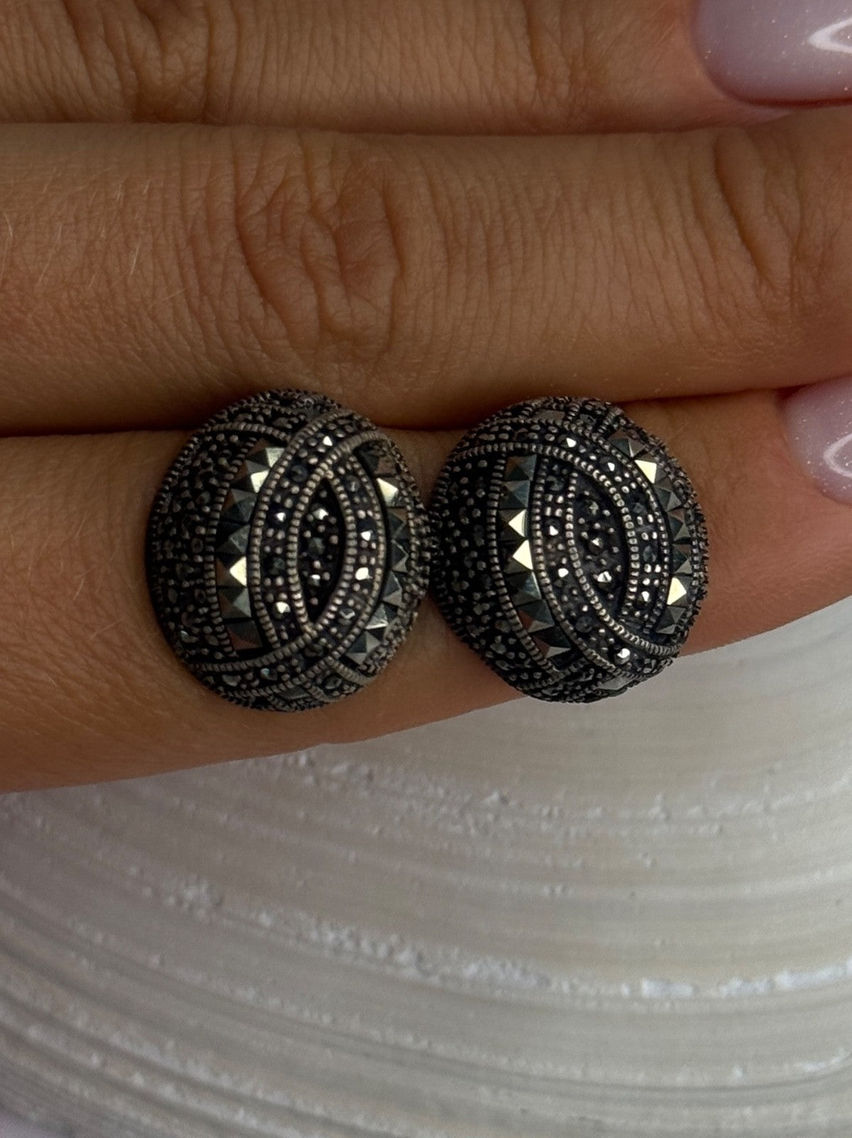 Beautiful Design 925 Sterling Silver Marcasite Earrings Length 0.7 Inch