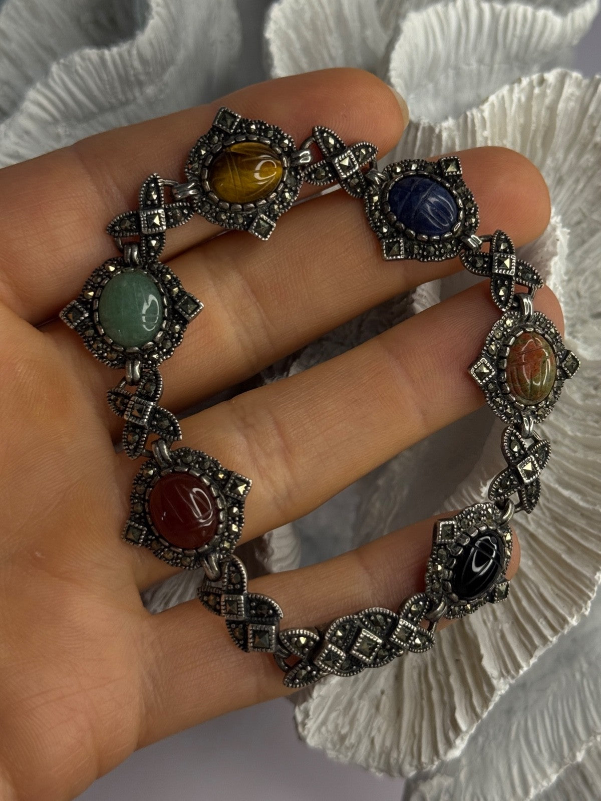 Vintage 925 Sterling Silver Multi Color Stones Bracelet Lenght 8