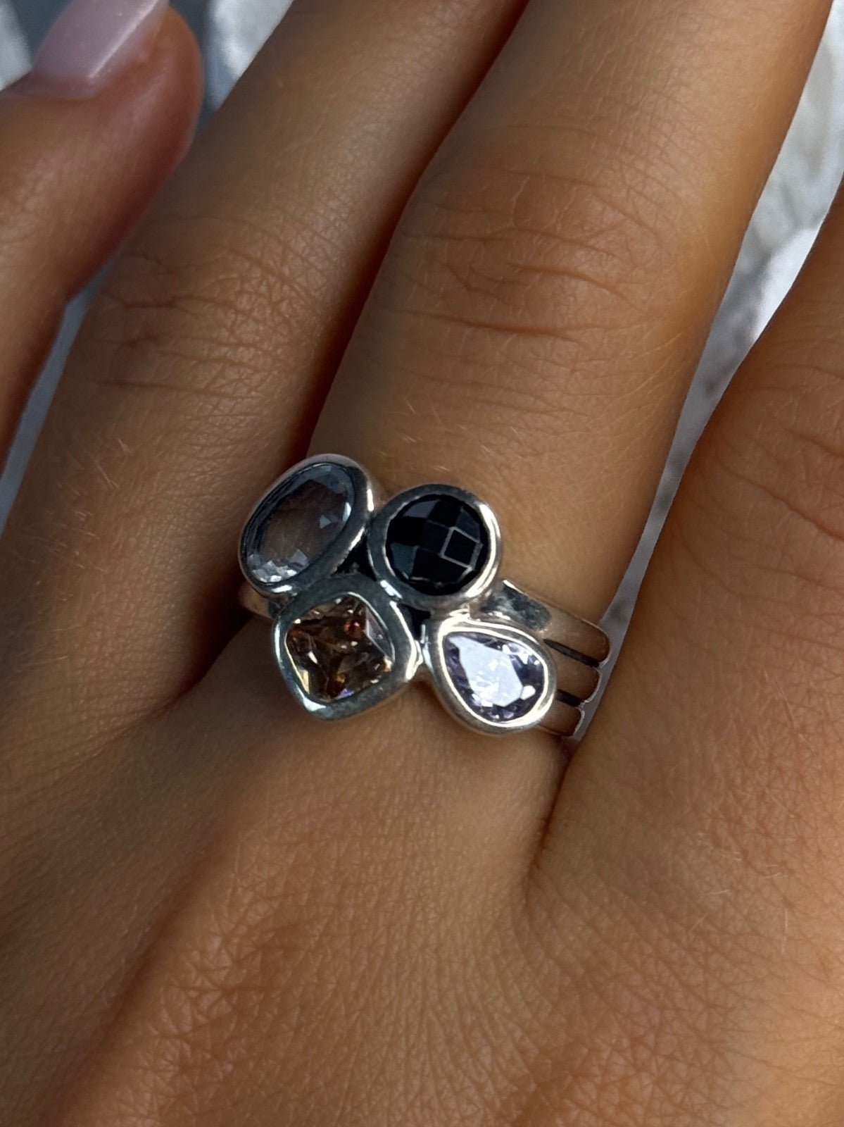 925 Sterling Silver Multi Color Tourmaline Ring Size 8