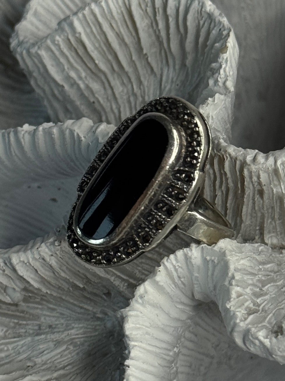 Vintage 925 Sterling Silver Onyx & Marcasite Ring Size 6.5