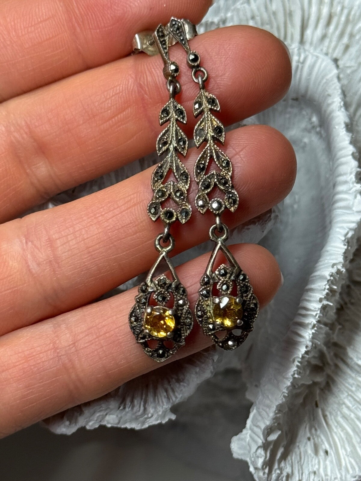 925 Sterling Silver Citrine & Marcasite Earrings Length 2.2 Inch