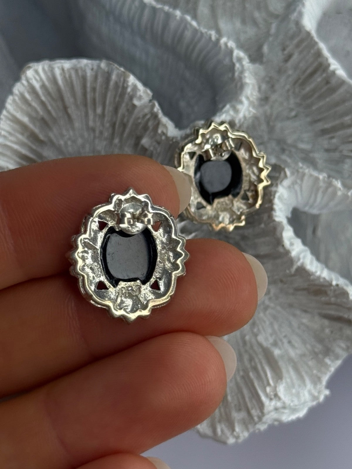 925 Sterling Silver Victorian Cameo Carved Shell Marcasite Earrings