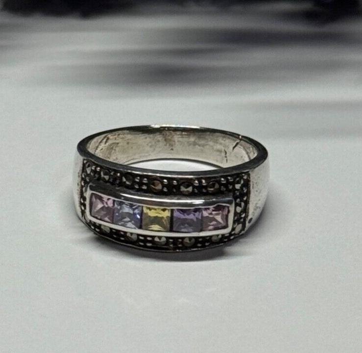 Vintage 925 Sterling Silver Tourmalines & Marcasite Ring Size 8
