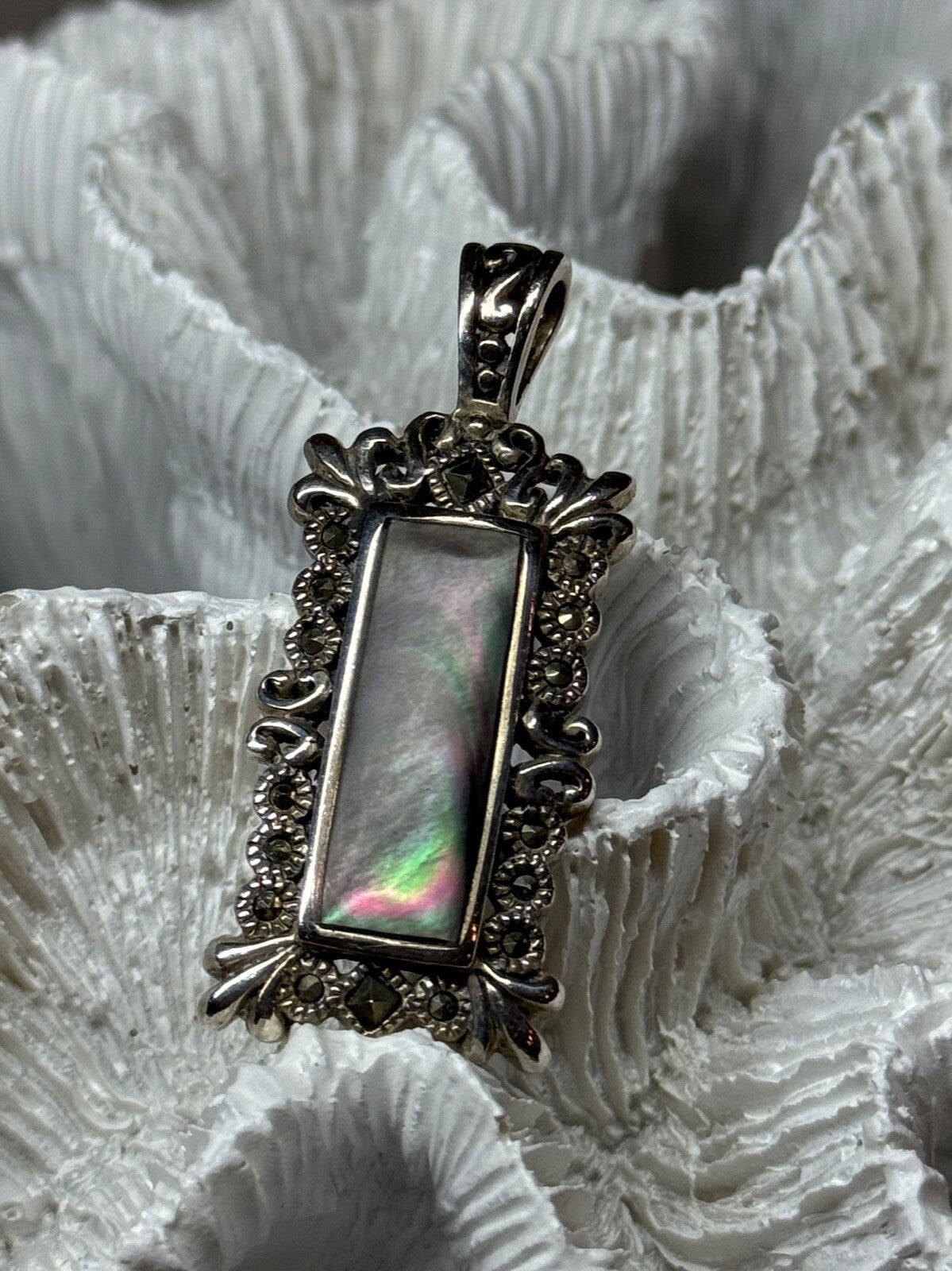 925 Sterling Silver Abalone Pendant Length 1.6 In