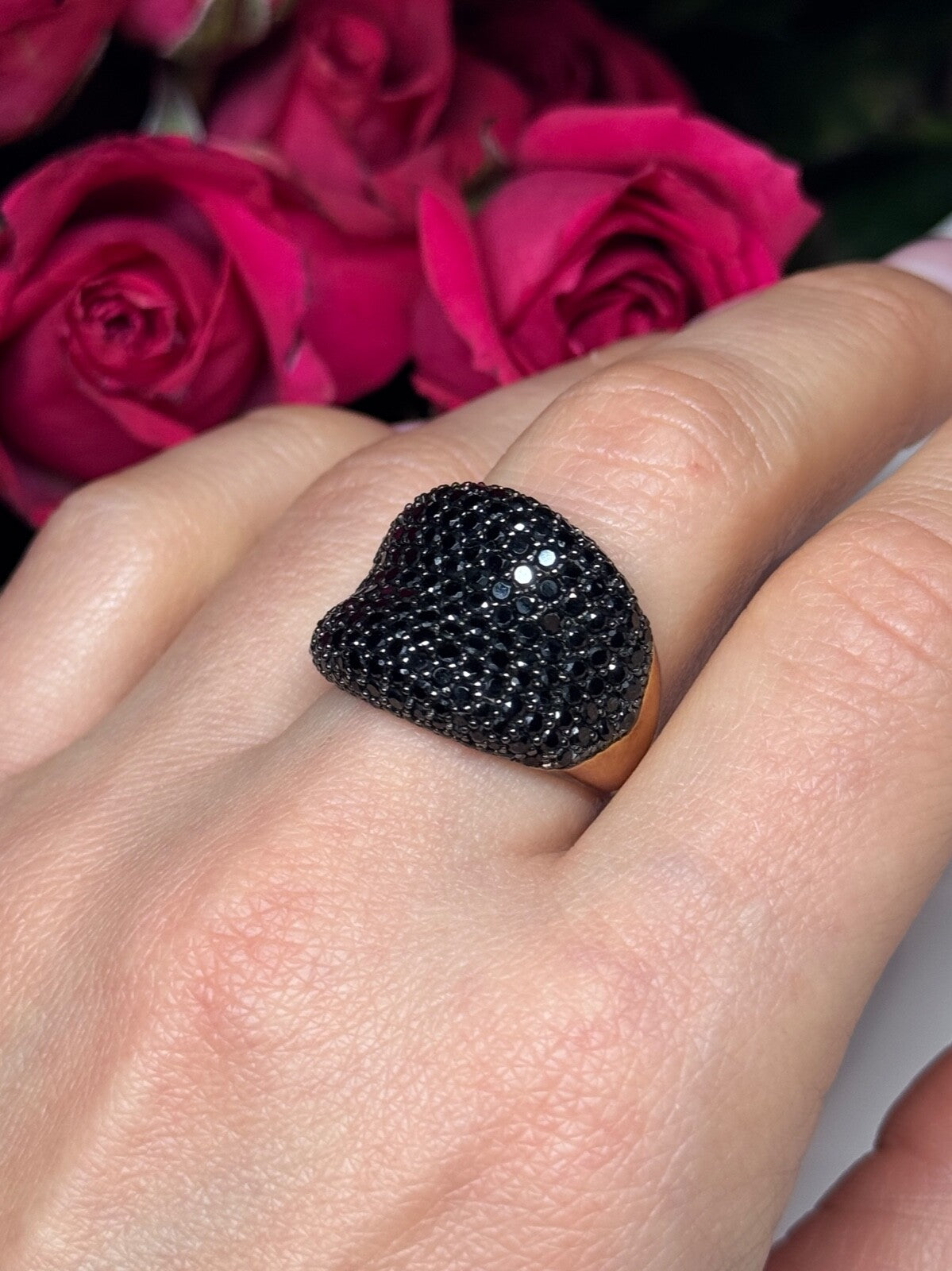 925 Sterling Silver Gold Plated Black Spinel Ring Size 8.5
