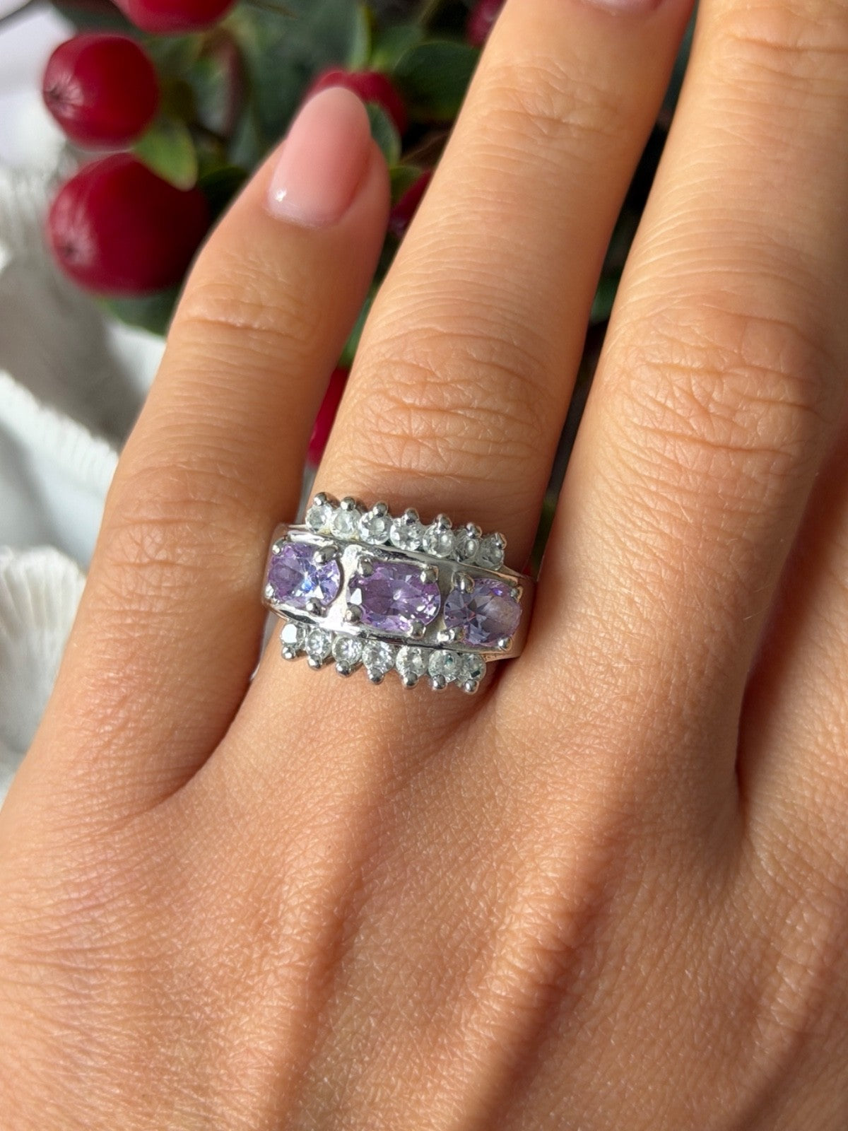 925 Sterling Silver Amethyst & Beryl Ring Size 7