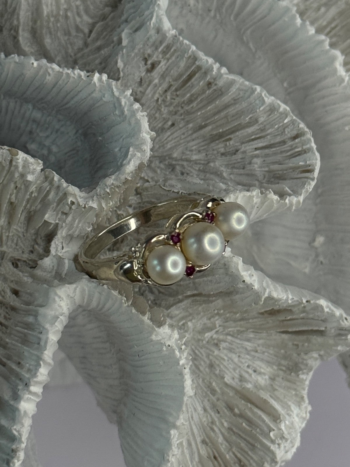 925 Sterling Silver Pearl & Ruby Ring Size 8