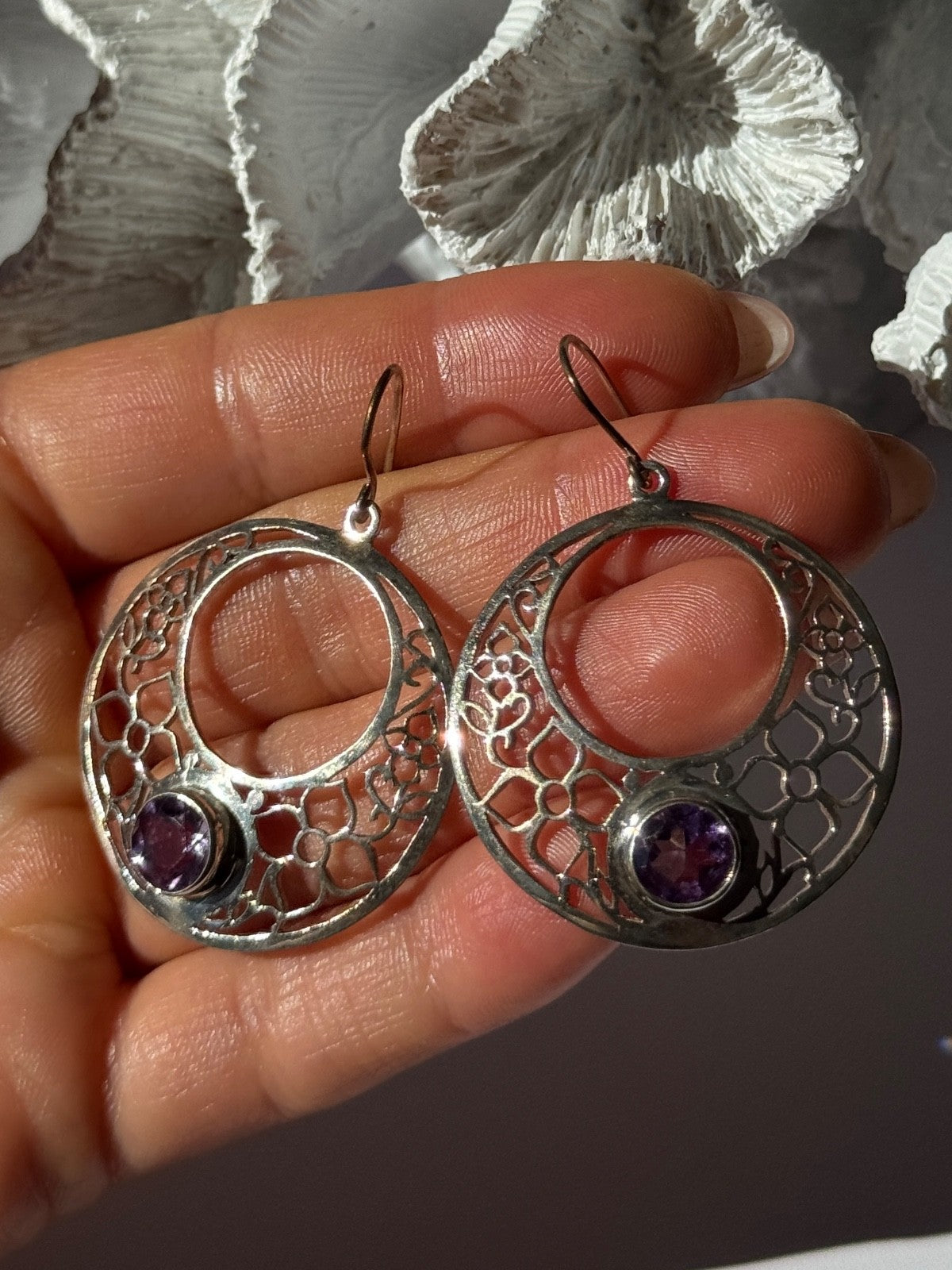925 Sterling Silver Amethyst Earrings Length 2.10 Inch