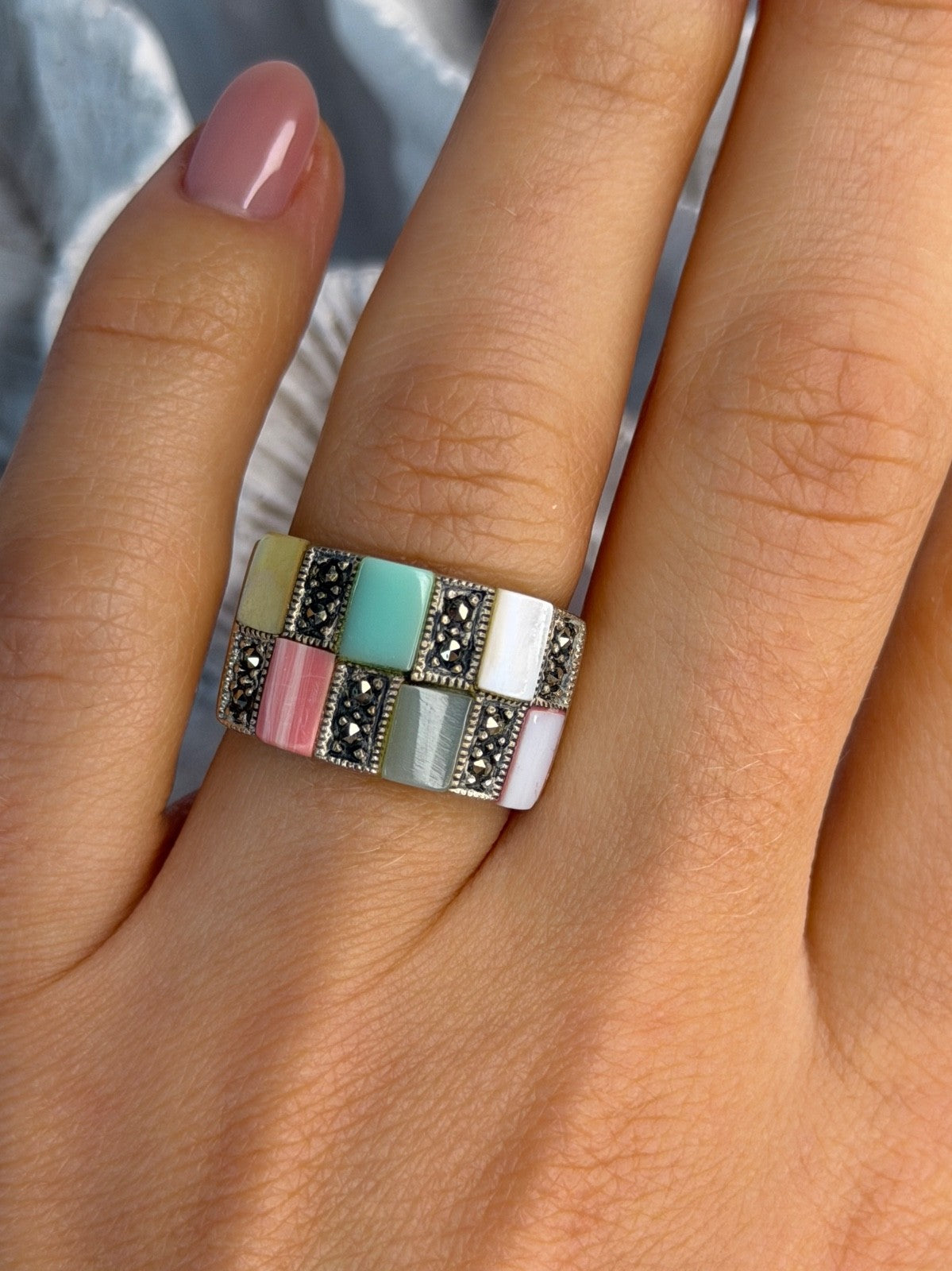 925 Sterling Silver Abalone & Agate & Marcasite Ring Size 6.5