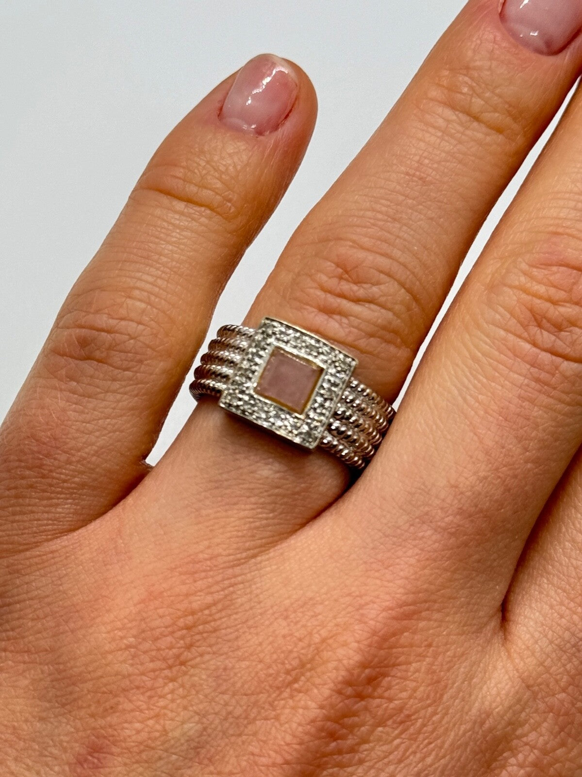 925 Sterling Silver Morganite & Goshenite Ring Size 7
