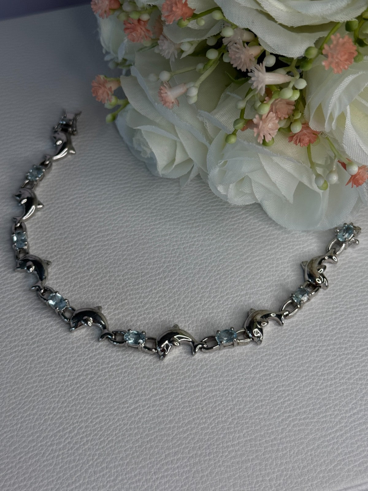 925 Sterling Silver Topaz Dolphin Bracelet Length 7.5