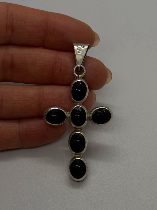Vintage 925 Sterling Silver Black Onyx Cross