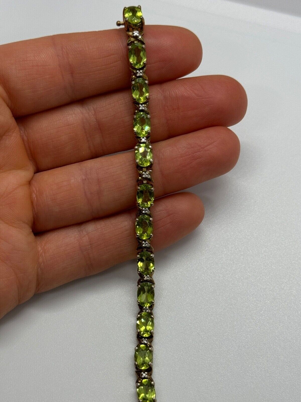 925 Sterling Silver Gold Plated Peridot & Diamonds Bracelet 7.5 in