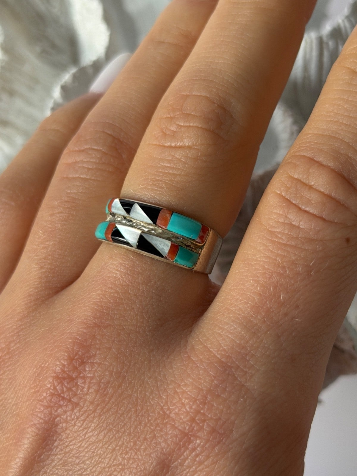 Zuni 925 Sterling Silver Multi-Stone Ring Size 8