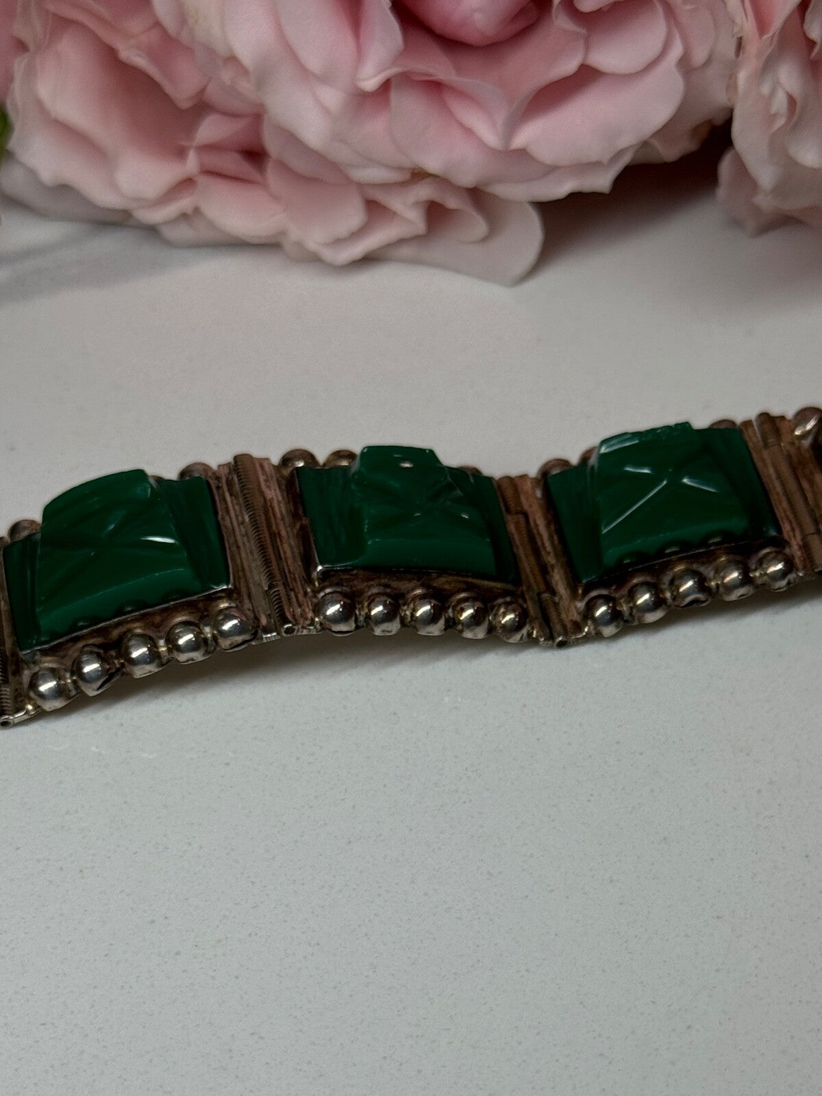 Vintage 925 Sterling Silver Green Jade Bracelet Length 7 in